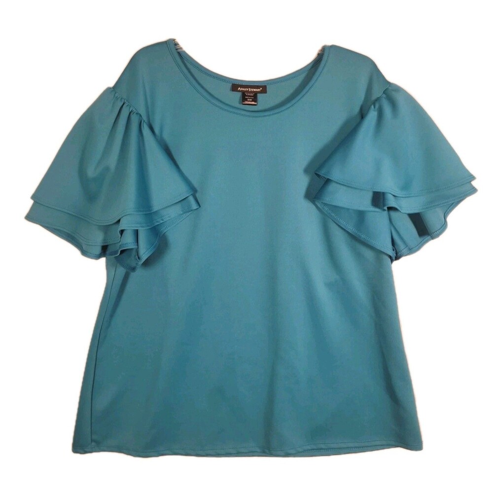 Ashley Stewart Blouse Womens 22/24 Blue Flutter Sleeve Boho Peasant Top